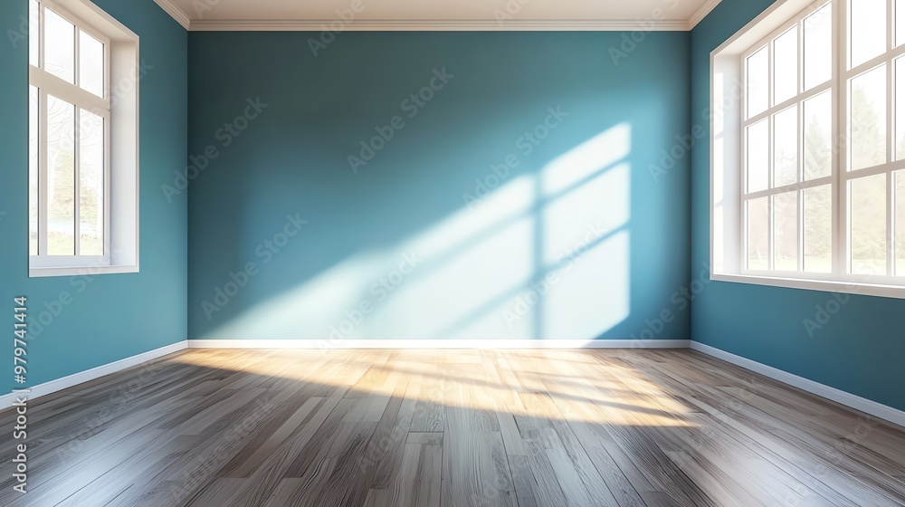 Bright and spacious interior with blue walls and wooden flooring, illuminated by natural light through large windows. Bright and spacious interior with blue walls and wooden flooring, illuminated by natural light through large windows.