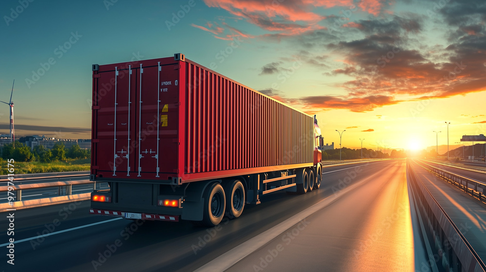 A truck with a container driving on a highway during sunset. Suitable for logistics, transportation themes, or travel related designs. A truck with a container driving on a highway during sunset. Suitable for logistics, transportation themes, or travel related designs.