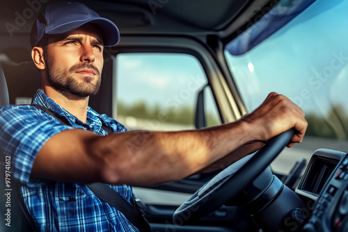 Focused Driver in Truck Cabin. A male truck driver focused on the road, suitable for transportation and logistics themes. photo