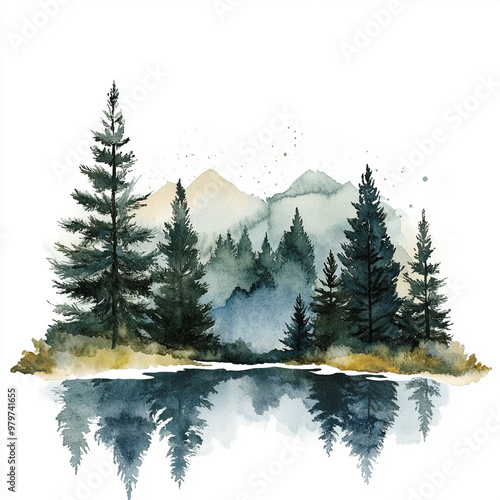 watercolor on white background of forrest scene 