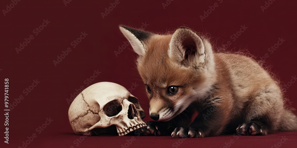 Obraz premium Curious Fox Cub Playing with Skull on Dark Red Background