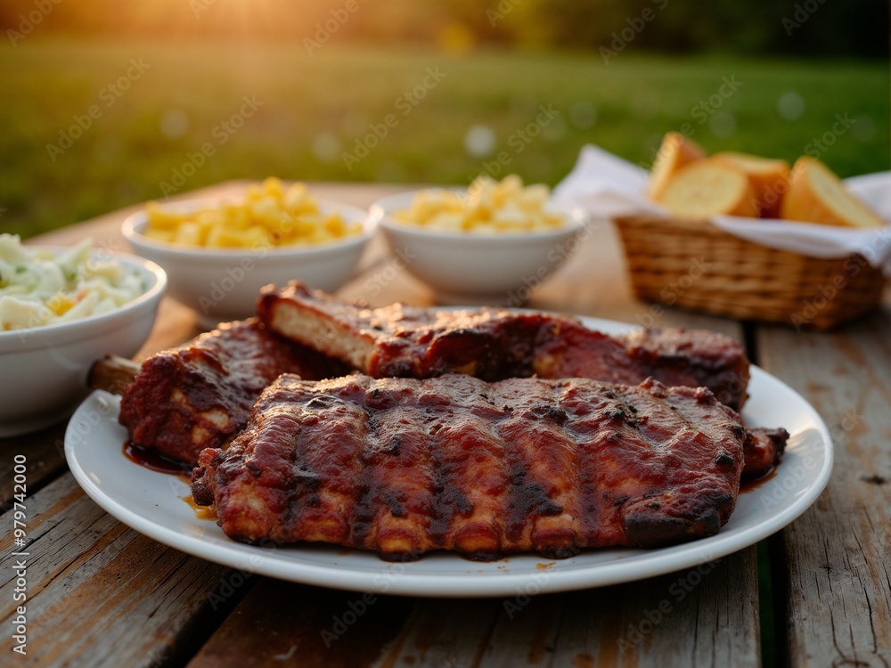 A mouthwatering serving of barbecue ribs on a white plate accompanied by bowls of corn, salad, and bread, set outdoors on a wooden table during a golden sunset. A mouthwatering serving of barbecue ribs on a white plate accompanied by bowls of corn, salad, and bread, set outdoors on a wooden table during a golden sunset.