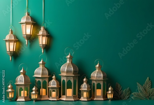 Ramadan lanterns hanging on blue background. Festive greeting card 3D rendering. 3D Illustration 