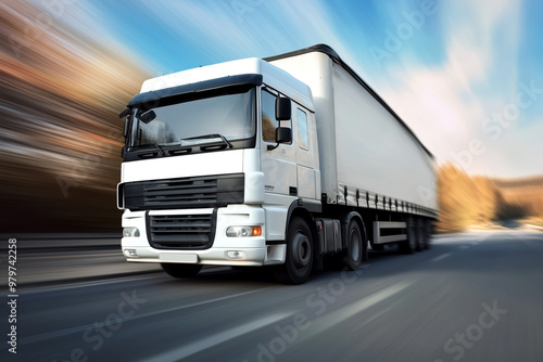 Motion Blur of a Truck on Road. A white truck moves quickly along a road, illustrating speed and transportation. Suitable for logistics and delivery themes.