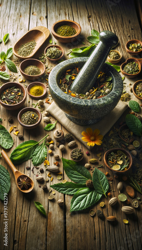 mortar and pestle made of polished stone with various herbs and spices scattered around