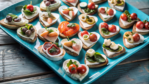 Gourmet selection of heart shaped cicchetti canapes arranged beautifully on blue platter, showcasing variety of toppings like vegetables, meats, and cheeses. Perfect for celebrations! photo