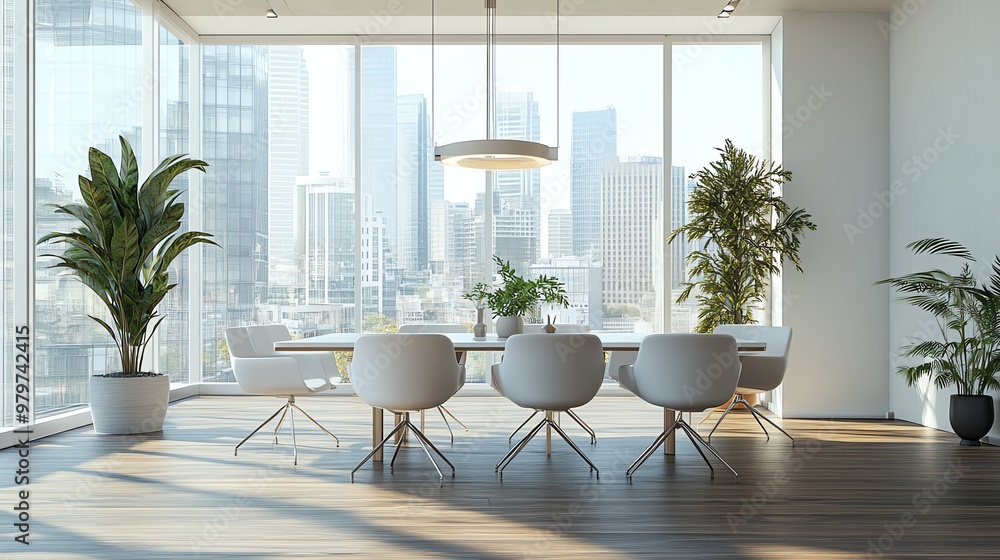 Fototapeta premium Modern office meeting room with glass wall, natural light, stylish furniture, and greenery, perfect for collaboration and creativity.