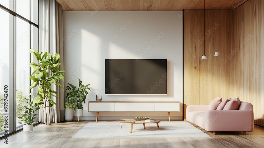 Stylish and modern living room with a cozy ambiance, featuring a large TV, plush sofa, and lush plants for a warm atmosphere. Stylish and modern living room with a cozy ambiance, featuring a large TV, plush sofa, and lush plants for a warm atmosphere.