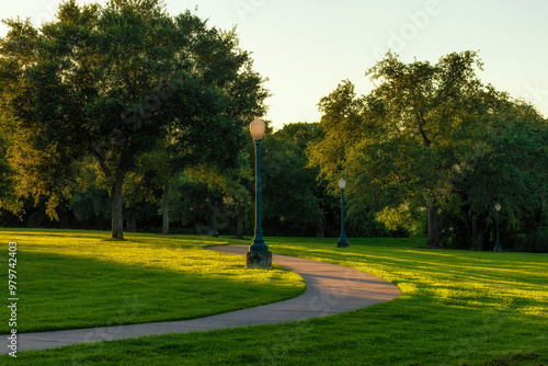 Beautiful evening along the walking trail at Clear Creek Bayou Heritage Park in League City, Texas, USA