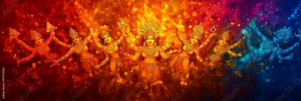 Artistic Depiction of the Nine Forms of Durga, symbolizing power, protection, motherhood, beauty, and victory. Artistic Depiction of the Nine Forms of Durga, symbolizing power, protection, motherhood, beauty, and victory.