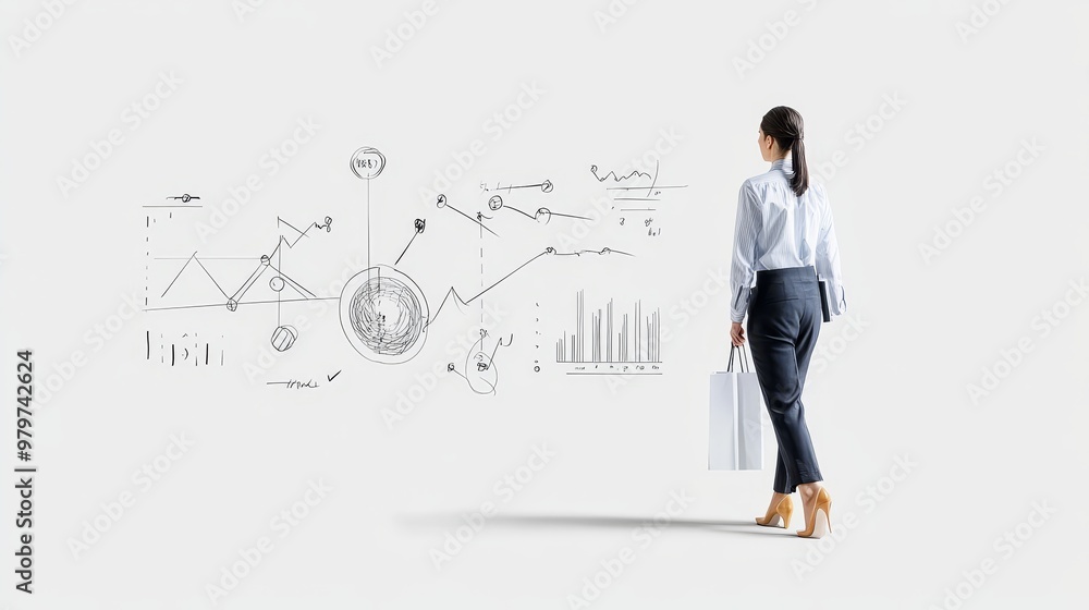 Businesswoman looking at a growth chart drawn on a whiteboard, representing business strategy, financial planning, progress, innovation, and success. Businesswoman looking at a growth chart drawn on a whiteboard, representing business strategy, financial planning, progress, innovation, and success.
