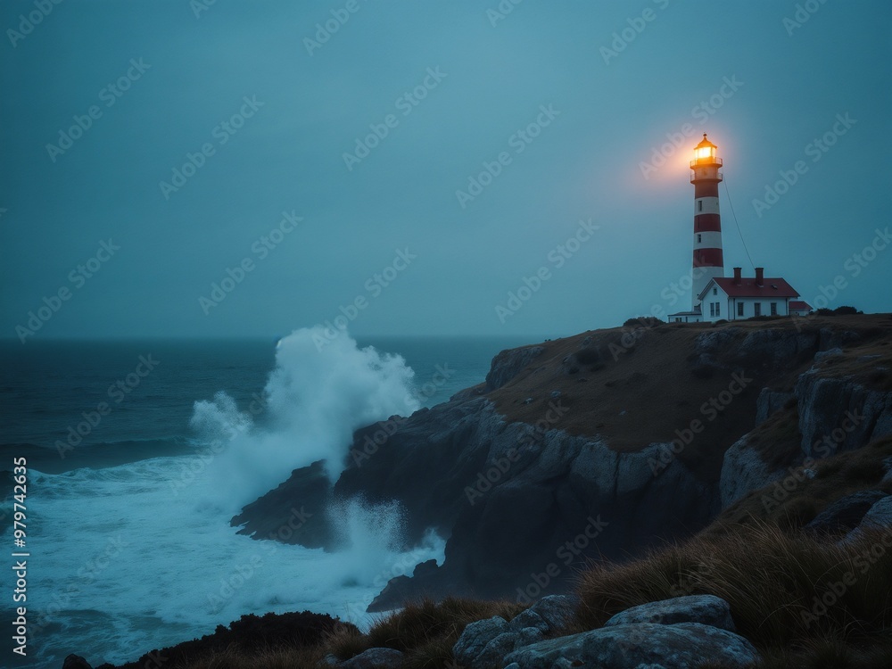 A serene lighthouse standing tall on rocky cliffs by the ocean, emitting a warm glow, while waves crash dramatically against the shoreline in a moody evening light. A serene lighthouse standing tall on rocky cliffs by the ocean, emitting a warm glow, while waves crash dramatically against the shoreline in a moody evening light.