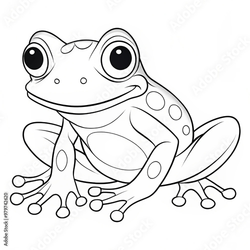 a drawing of a frog with a green eye and a black and white background. photo