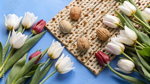 Matzah, nuts, tulips, Passover, holiday, celebration, traditional, spring, floral, food photo