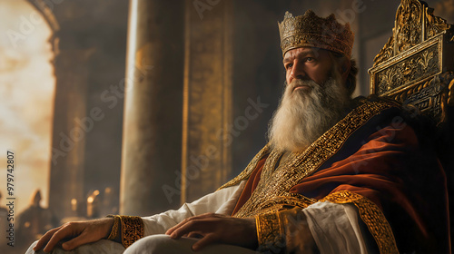 Wise King Solomon from the Bible, sitting on his throne gifted by the Lord, wisely leading his people and kingdom.