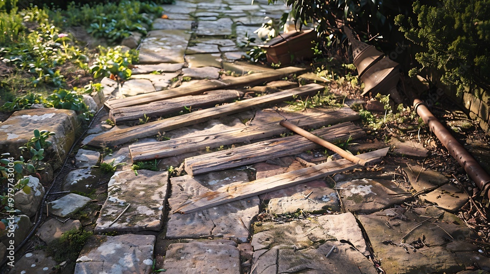 A sunny flagstone walk with a set of wooden garden equipment laying on it A sunny flagstone walk with a set of wooden garden equipment laying on it