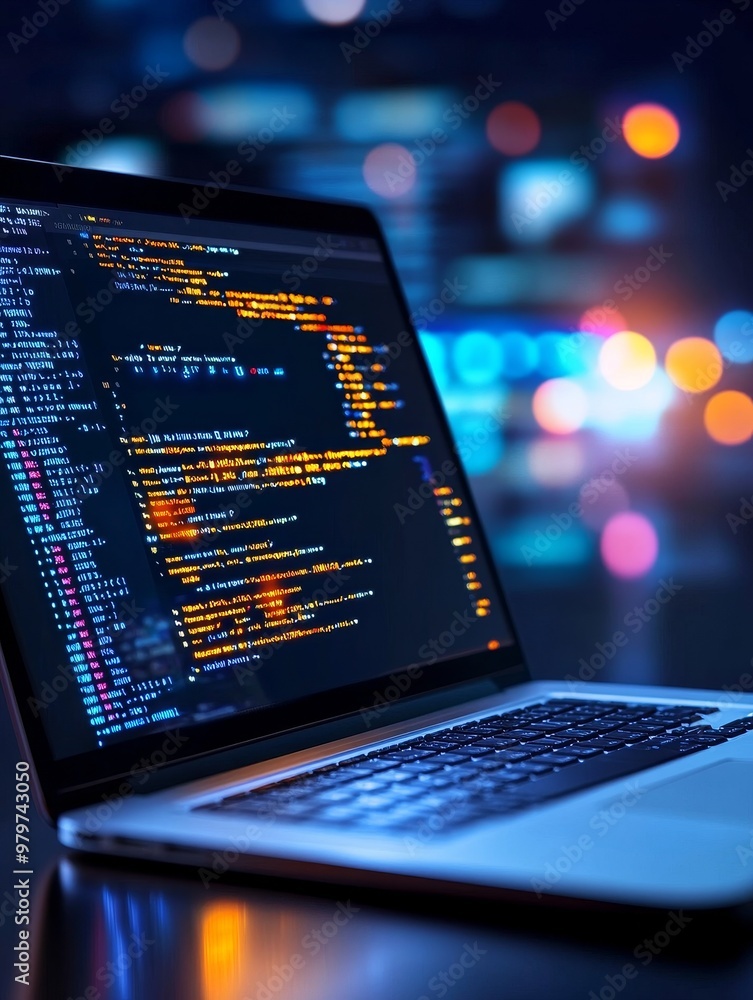 Close-up of a laptop screen displaying code with colorful city lights in the background, symbolizing innovation, technology, programming, and digital development. Close-up of a laptop screen displaying code with colorful city lights in the background, symbolizing innovation, technology, programming, and digital development.