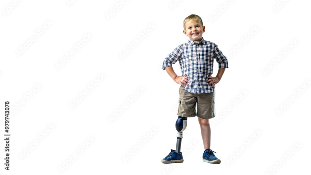 Happy young boy with a prosthetic leg standing confidently on a black background, child with assistive technology. Happy young boy with a prosthetic leg standing confidently on a black background, child with assistive technology.