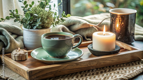 A cozy scene featuring cup of coffee, candle, and potted plant on wooden tray, creating warm and inviting atmosphere perfect for relaxation