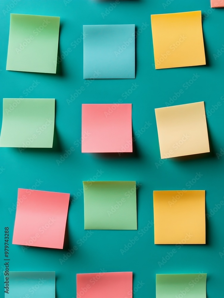 Colorful Sticky Notes on Teal Background - A visually appealing arrangement of blank sticky notes in various colors, symbolizing organization, creativity, brainstorming, reminders, and communication. Colorful Sticky Notes on Teal Background - A visually appealing arrangement of blank sticky notes in various colors, symbolizing organization, creativity, brainstorming, reminders, and communication.