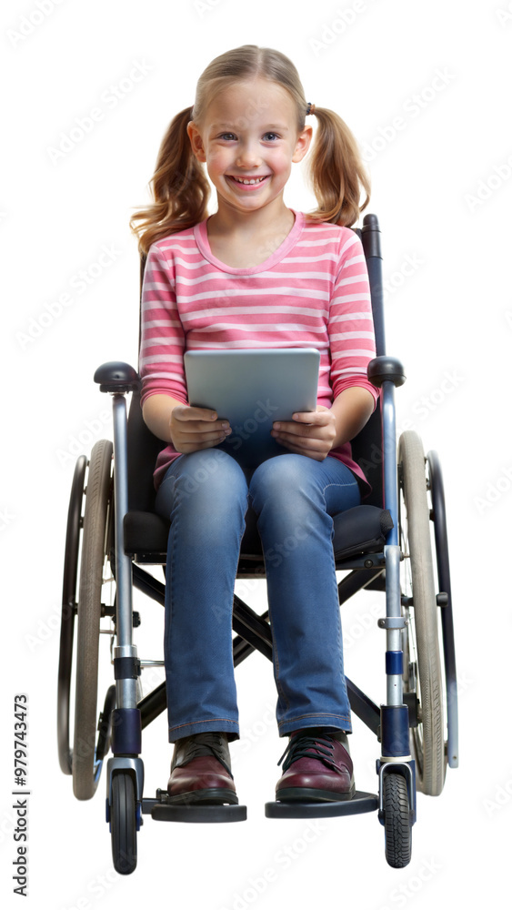 Happy young girl sitting in a wheelchair on a black background, child with mobility assistance. Happy young girl sitting in a wheelchair on a black background, child with mobility assistance.