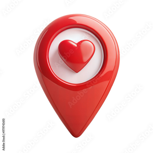 Red location pin with a heart inside on a black background, symbol of love and location.