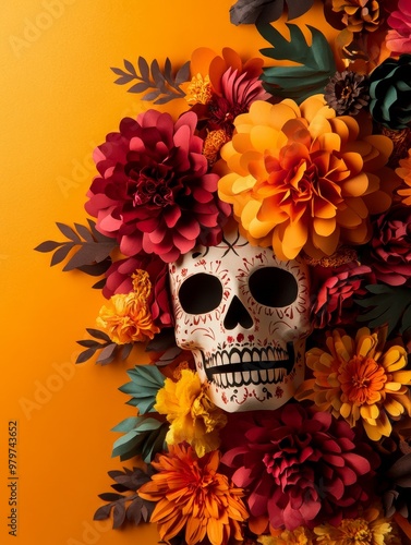 Day of the Dead Skull with Paper Flowers, symbolizing life, death, remembrance, celebration, and tradition.