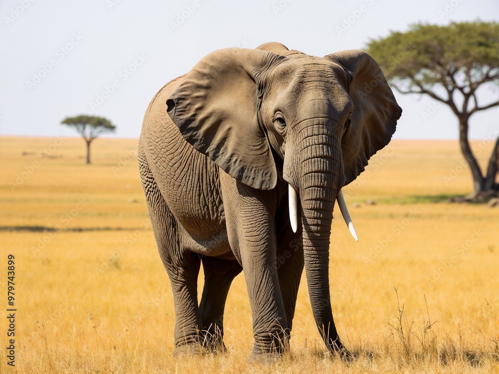 Fototapeta premium A majestic elephant stands proudly in a vast, grassy field under a bright blue sky, showcasing the beauty and grandeur of wildlife in its natural habitat during daytime.