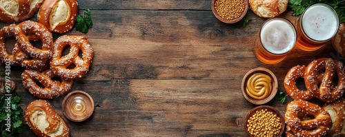 Celebrate National Pretzel Day with a festive banner template featuring pretzels, mustard, and beer on a wooden table in a top-down view with space for text.