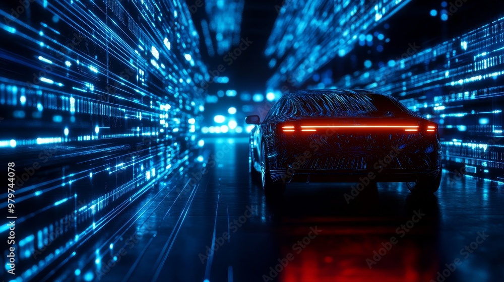 Fototapeta premium Futuristic Car Driving Through Digital Tunnel, representing the future of transportation, technology, innovation, speed, and digital connectivity.