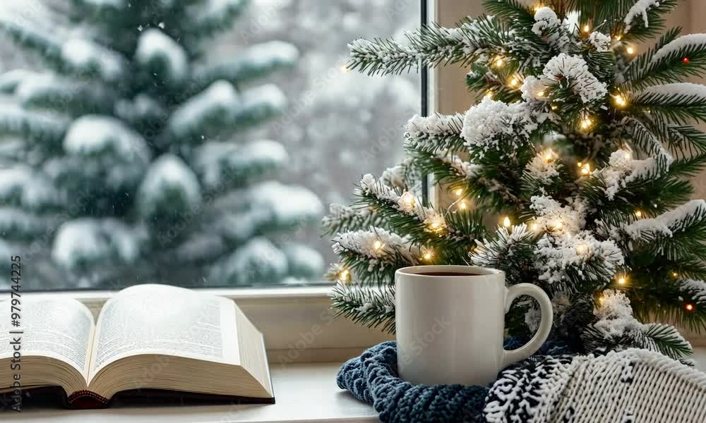 Enjoy a serene winter afternoon beside a decorated Christmas tree. A warm cup sits next to an open book, while snow gently falls outside the window Enjoy a serene winter afternoon beside a decorated Christmas tree. A warm cup sits next to an open book, while snow gently falls outside the window