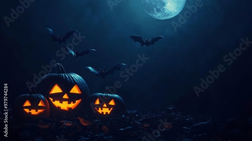 Glowing Jack-o'-Lanterns with scary faces illuminate the night under a full moon with bats flying overhead. A spooky and festive image perfect for Halloween.