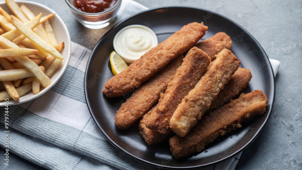 Fried fish sticks served with crispy French fries, accompanied by dipping sauces. This delicious meal is perfect for casual dining experience Fried fish sticks served with crispy French fries, accompanied by dipping sauces. This delicious meal is perfect for casual dining experience