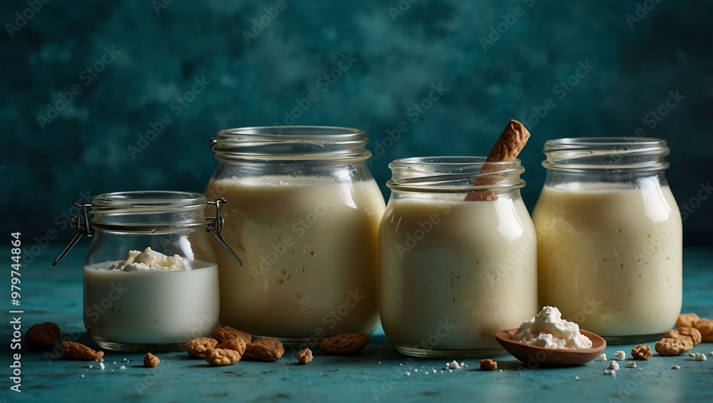 Homemade dairy products in glass jars on a turquoise backdrop Homemade dairy products in glass jars on a turquoise backdrop