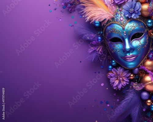 Wallpaper Mural HAPPY Mardi Gras banner template. Flat lay composition with masks, beads, and feathers on vibrant purple background. Top view with copy space. Torontodigital.ca