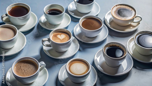 Cups of coffee arranged on white background, showcasing various types and colors of coffee. scene evokes warmth and comfort, perfect for coffee lovers