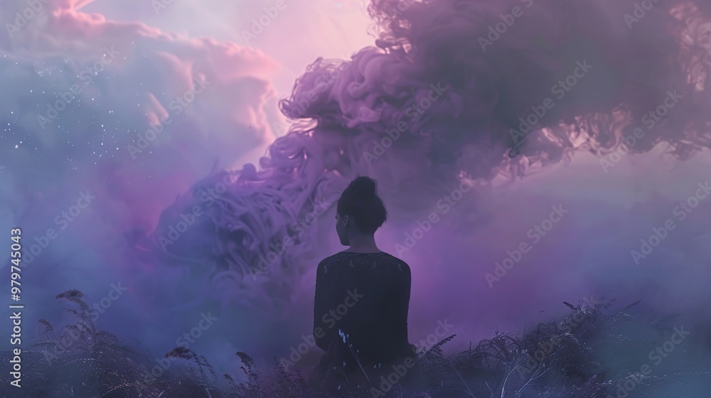 A woman sits in a field of grass, looking up at a swirling cloud of smoke. A woman sits in a field of grass, looking up at a swirling cloud of smoke.
