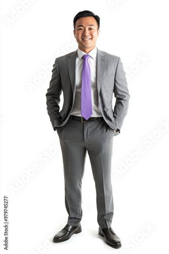 A smiling Asian businessman in grey suit exudes confidence and professionalism. His purple tie adds touch of personality to his formal attire, making him stand out