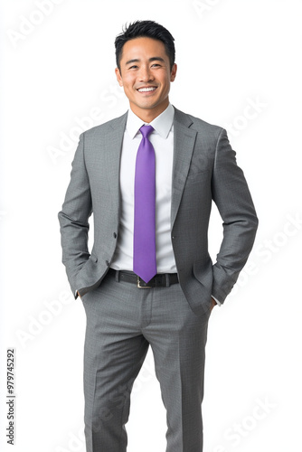 A confident Asian businessman in grey suit and purple tie stands with smile, exuding professionalism and approachability. His attire reflects modern business style, perfect for corporate settings photo