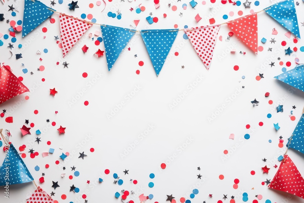 Celebrate Flag Day with this festive banner template featuring flags, stars, and confetti on a white background. Top view with plenty of copy space for your message. Celebrate Flag Day with this festive banner template featuring flags, stars, and confetti on a white background. Top view with plenty of copy space for your message.