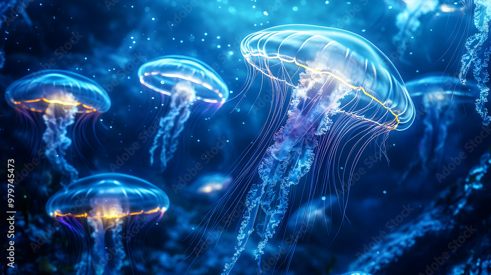 A glowing jellyfish drifting in the deep blue water of an aquarium A glowing jellyfish drifting in the deep blue water of an aquarium