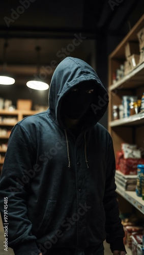 Hooded figure of a thief in a store at night, representing theft.