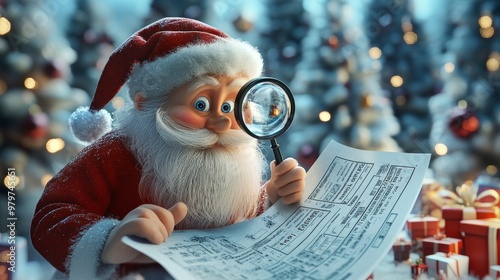 Santa Claus carefully examines a list with a magnifying glass, surrounded by festive Christmas lights and presents.  He's meticulously reviewing who deserves a gift this year. photo