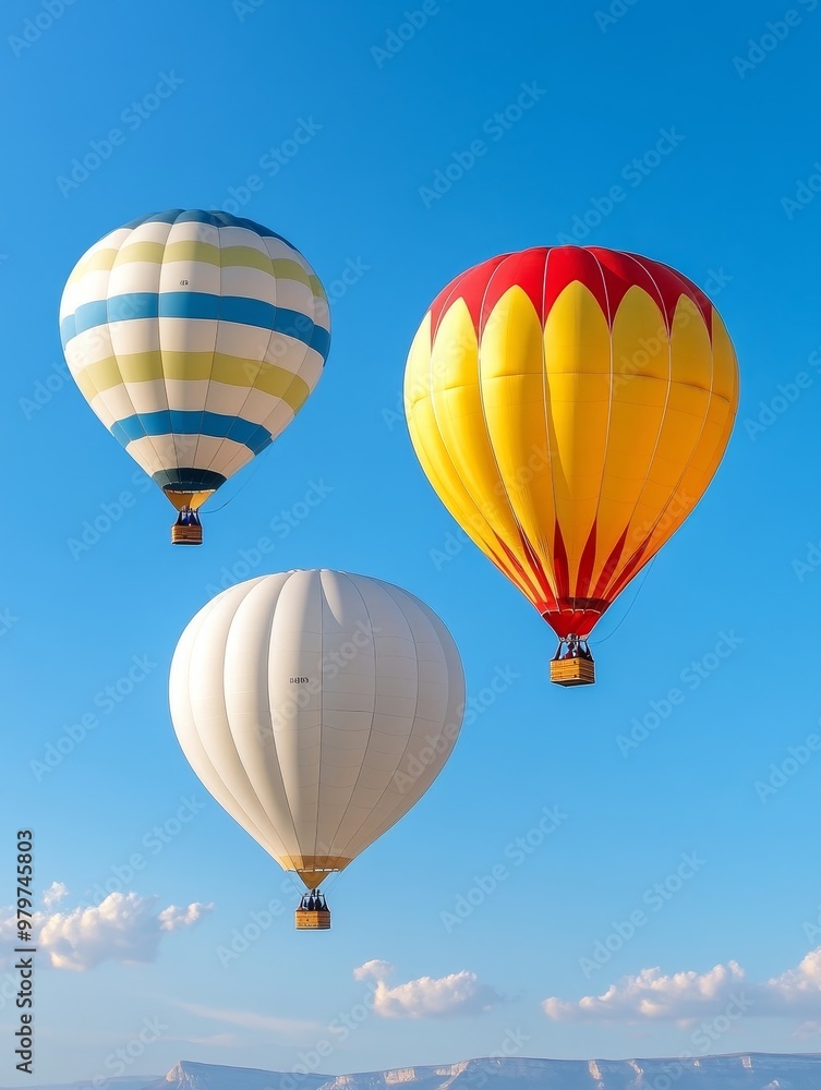Stunning view of three hot air balloons, a blue and yellow striped, a red and yellow, and a white one, against a clear blue sky, symbolizing adventure, freedom, travel, exploration, and wonder. Stunning view of three hot air balloons, a blue and yellow striped, a red and yellow, and a white one, against a clear blue sky, symbolizing adventure, freedom, travel, exploration, and wonder.