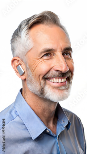 Smiling senior man with a hearing aid on a black background, elderly man with hearing assistance. photo