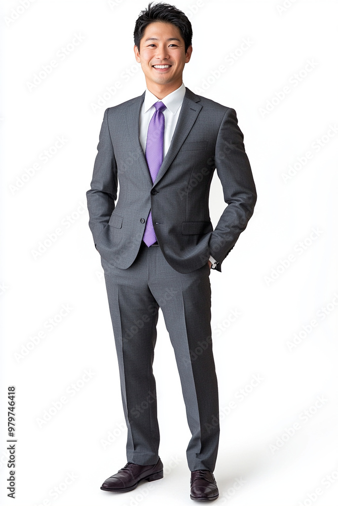 Smiling Asian businessman in grey suit with purple tie exudes confidence and professionalism. His approachable demeanor and stylish attire make him perfect representation of modern business culture Smiling Asian businessman in grey suit with purple tie exudes confidence and professionalism. His approachable demeanor and stylish attire make him perfect representation of modern business culture
