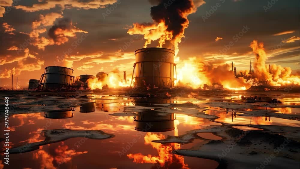 A fiery landscape with burning barrels, reflecting the flames in water, suggesting an industrial disaster or environmental hazard. A fiery landscape with burning barrels, reflecting the flames in water, suggesting an industrial disaster or environmental hazard.