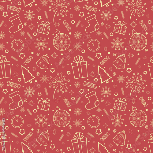 Seamless pattern of beige Christmas symbols on a red background. Christmas tree, stars, fireworks, Christmas tree toy, candy, sock, clock