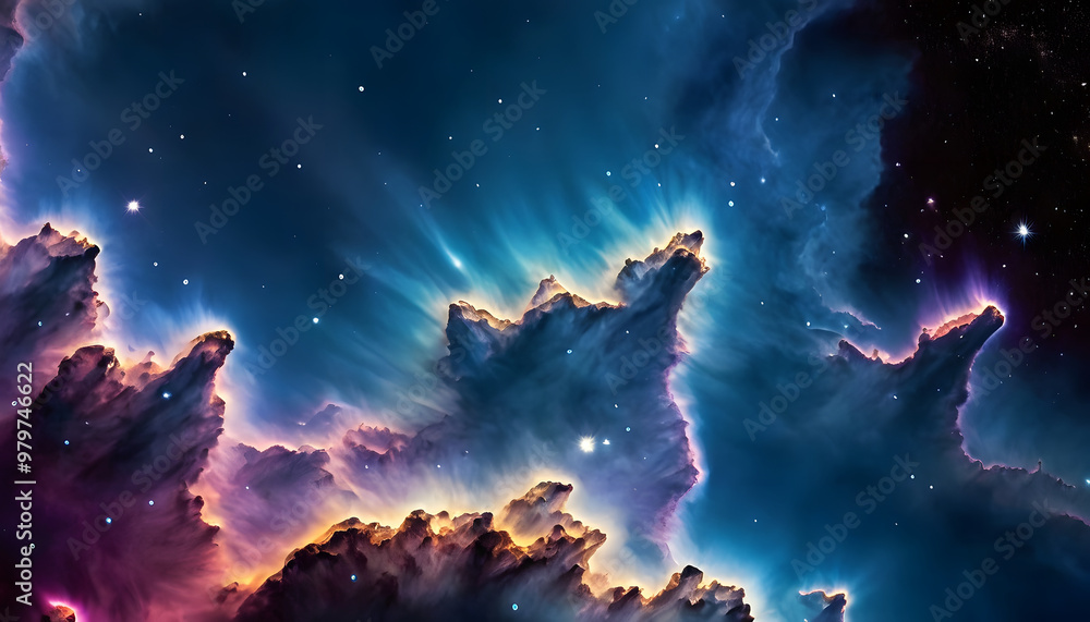 Obraz premium A stunning cosmic scene featuring vibrant nebulae with swirling clouds of gas and dust illuminated by starlight. The colors range from deep blues to bright purples and oranges.
