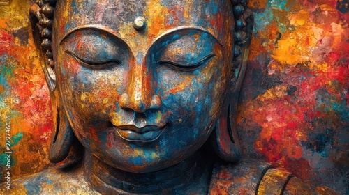 Fototapeta Naklejka Na Ścianę i Meble -  Close-up oil painting of Buddha statue with vibrant brushstrokes and deep textures, abstract background.